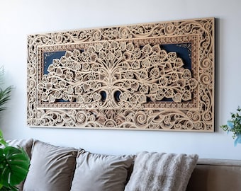 Tree of Life Large 3D Wood Wall Art, Laser Cut Mandala, Boho Living-room Decor