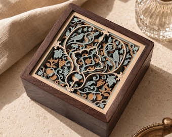 Handcrafted Wooden Jewelry Box with Six-Layer Birds and Vines Lid, Walnut or African Blackwood