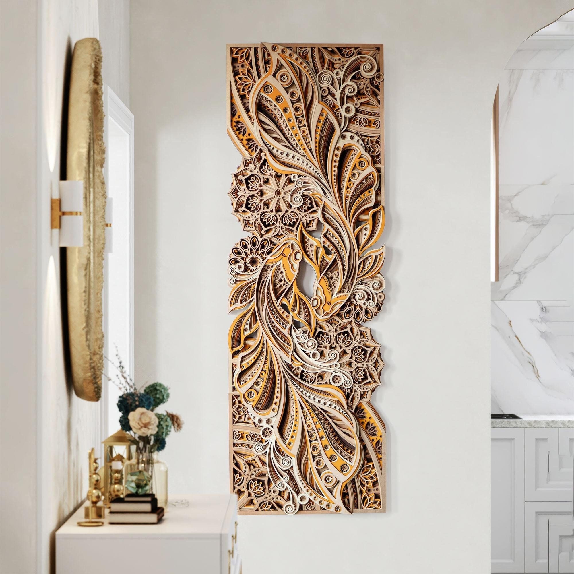 STEREOWOOD Dancing Koi Multi-layer Wall Art, Oriental