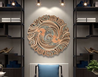 STEREOWOOD Koi and Lotus Multi-Layer Wall Art, Large Geometric Wood Wall Art, Mandala Laser Cut, 3D Wood Wall Art, Laser Cut Arts and Crafts