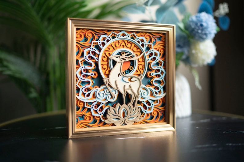 STEREOWOOD Fortune Deer Multilayer Holzwandkunst, Einzigartiges Wohndekor Geschenk, Desktopdekoration, Laser geschnittenes Kunstwerk, 3D Mandala Wandkunst Bild 1