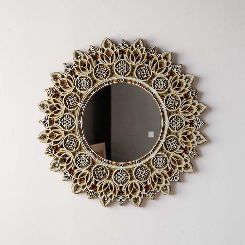 Väggspegel med blommandala, geometriskt vintage blommönster handgjord träkonst, present till henne bild 5