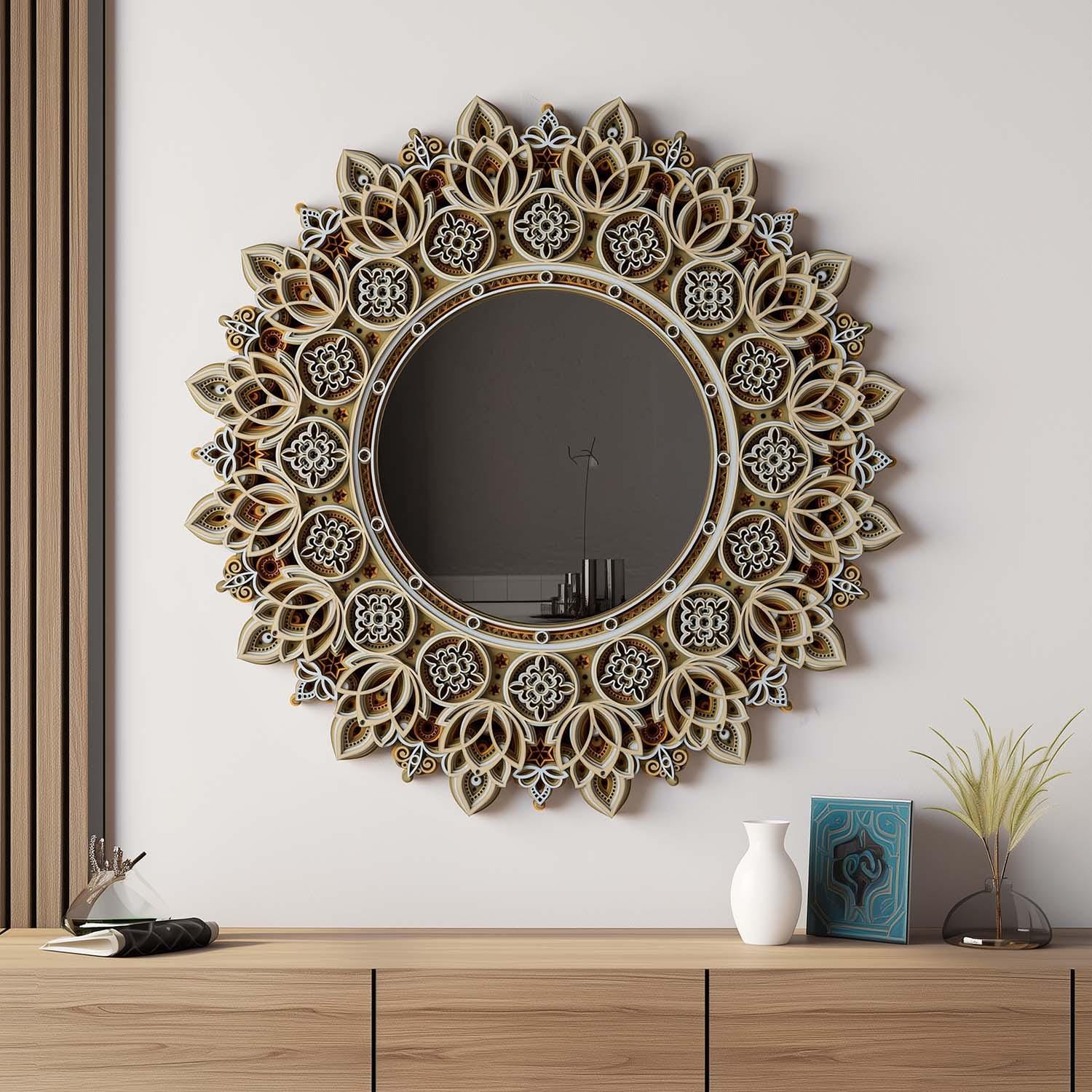 STEREOWOOD Celestial Mandala Wall Mirror | Handcrafted Laser-Cut Layered Wood Art, Bohemian Home Decor for Modern Zen Interiors
