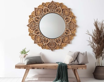 Bodhi Flower Vintage Wall Mirror, Zen Style Mandala, Round Wood Decor,  Gift for Her