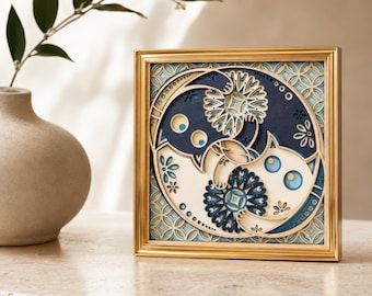 Hand-Painted Layered Wood Cat Art: Framed Tabletop and Wall Decor