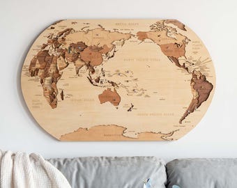 3D Wooden World Map, Large Laser Cut Craft Wall Art, Modern Office Decor