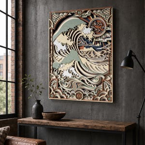 May include: A multi-layered wooden wall art piece featuring a stylized ocean wave, a mountain, and a sun. The intricate design uses shades of cream, sage green, and deep blue, with detailed cutouts and geometric patterns throughout the rectangular frame.
