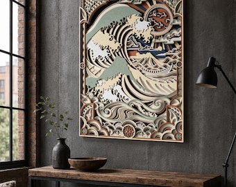 STEREOWOOD Japanese Wave Wood Wall Art, Large Vertical 12-Layer 3D Design, Ukiyo-e Inspired
