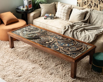 STEREOWOOD Handcrafted 3D Carved Modern Coffee Table, Glass Top Table，Unique Artisan Wooden Furniture, Phoenix Mandala Laser Cut Design