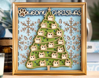 Cat and Christmas Tree Table Ornament, Lase Cut Decor, Cartoon Wood Figurine, Christmas Gift