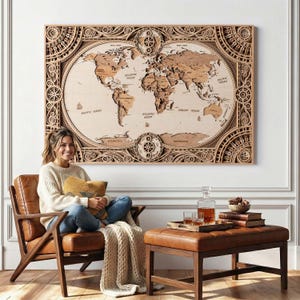 May include: A detailed wooden world map, intricately carved with continents and oceans. The map is framed and mounted on a white wall. The map features light and dark wood tones and decorative elements.