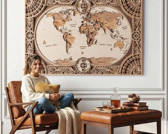 Mapa mundial panorámico de madera grande, arte mural de mandala cortado a láser de lujo, decoración llamativa para oficina