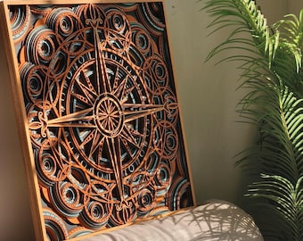 Arte de pared de madera con mandala de brújula de la Estrella del Norte, escultura geométrica cortada a láser, decoración para sala de estar