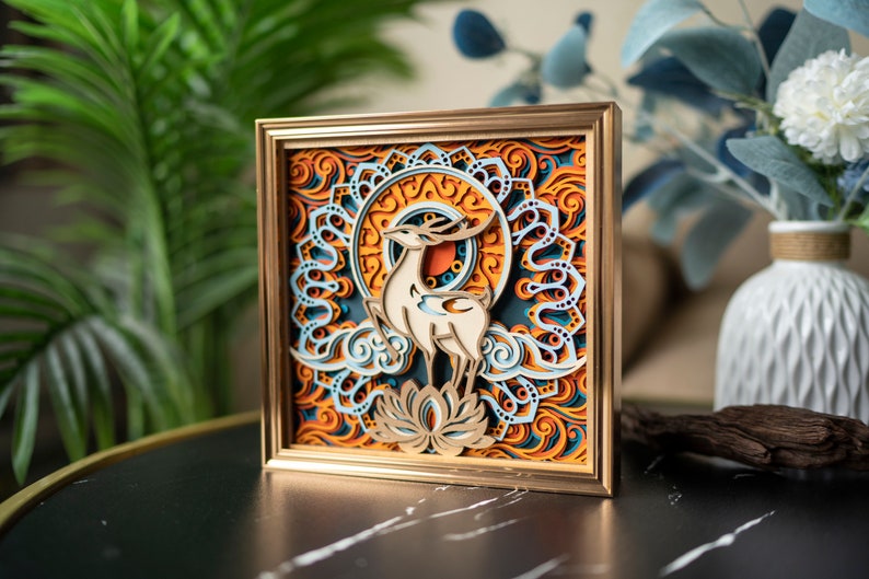 STEREOWOOD Fortune Deer Multilayer Holzwandkunst, Einzigartiges Wohndekor Geschenk, Desktopdekoration, Laser geschnittenes Kunstwerk, 3D Mandala Wandkunst Bild 3