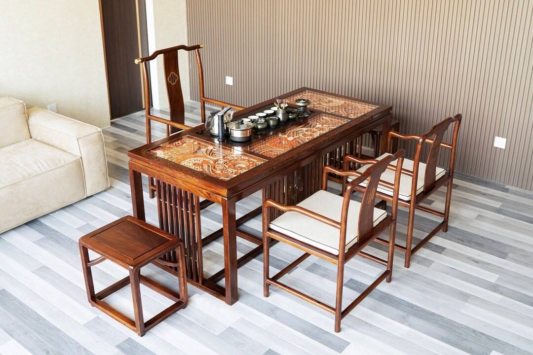 Handcrafted Koi Tea Table: Rustic Elm Wood Dining Table With