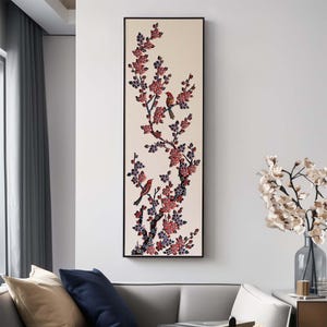 Pflaumenblüten-Holzwandkunst, Vogel und Blumen geschichtete Holztafel, orientalische Laser-Schnitt-Dekor für Flur