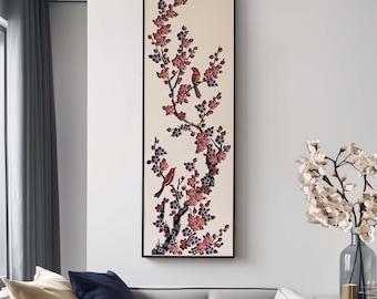 Plum Blossom Wood Wall Art, Bird and Floral Layered Wooden Panel, Oriental Laser Cut Decor for Hallway