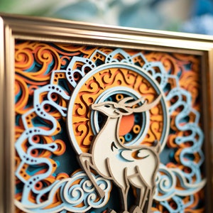 STEREOWOOD Fortune Deer Arte de pared de madera multicapa, regalo único de decoración del hogar, decoración de escritorio, obras de arte cortadas con láser, arte de pared mandala 3d imagen 7