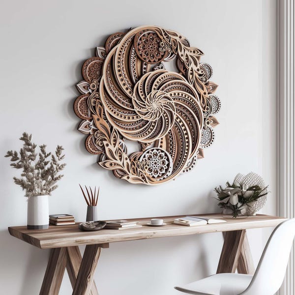 Zen Wood Wall Art, Yin Yang Nautilus Mandala, Large Layered Wooden Wall Sculpture, Boho Spiritual Decor for Living Room