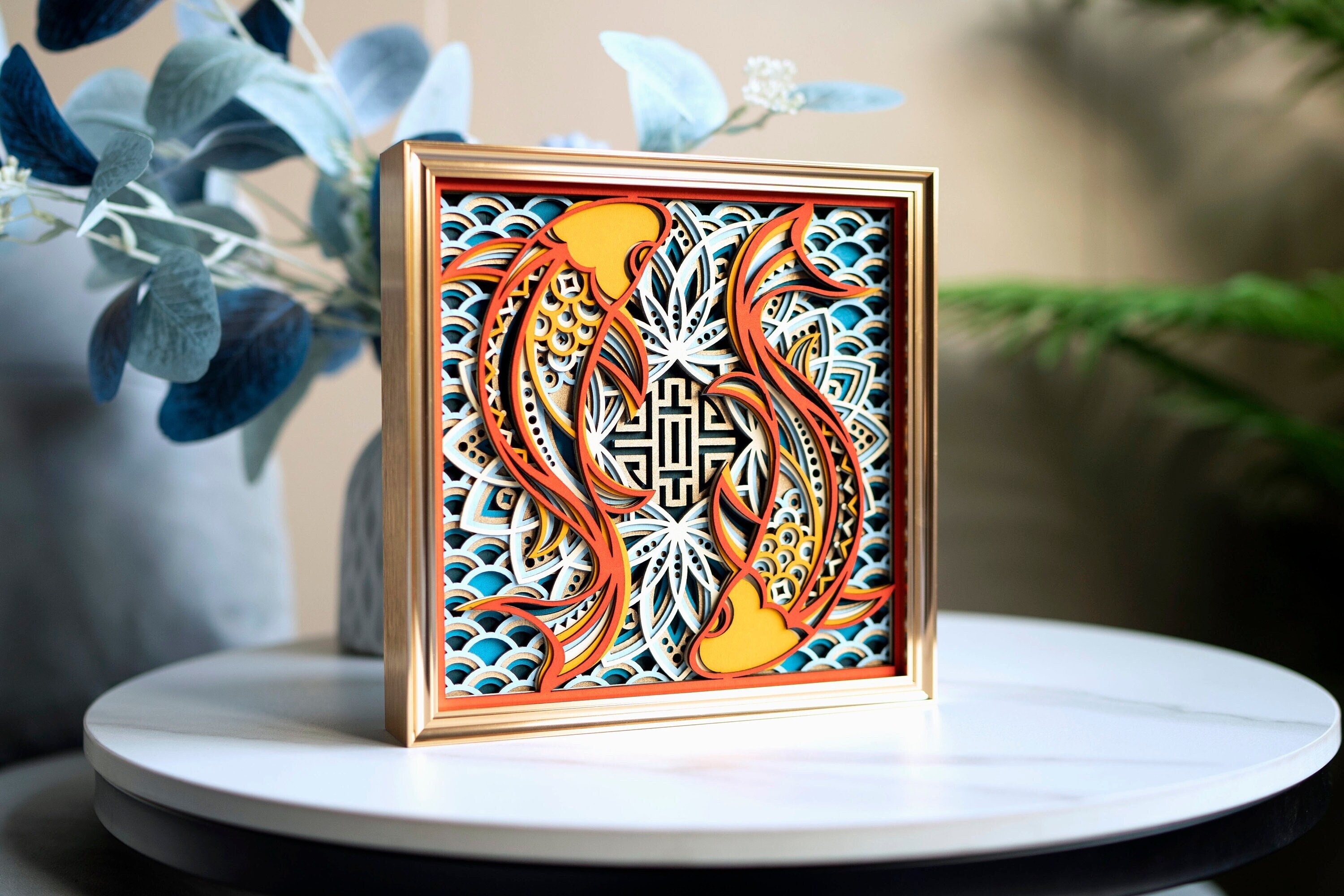 STEREOWOOD Wealth-Bringing Koi Multi-Layer Wooden Wall Art, Desktop decoration, Creative Gifts, Laser Cut Arts and Crafts，Multilayer mandala