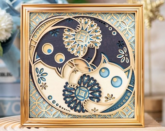 STEREOWOOD Yin Yang Cats Multi-Layer Wooden Wall Art |  Wooden Sculpture | Laser Cut Mandala for Harmony and Peace | Unique Holiday Gift