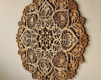 Bodhi Bloom Mandala Wall Art, Boho Zen Style Layered Wood Decor, Yoga Studio Design