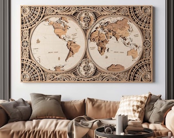 Dual Hemisphere Wood World Map, 3D Layered Nautical Wall Art, Vintage Map Decor for Office or Library