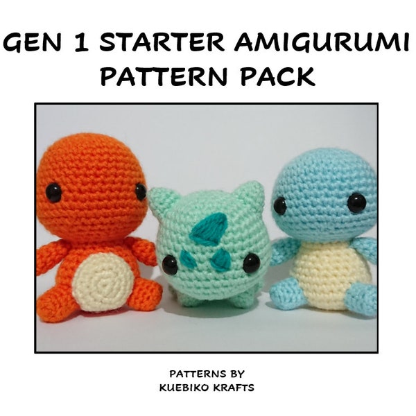 PDF File Gen 1 Starter Pokemon Amigurumi Crochet Pattern Bundle - Bulbasaur, Charmander and Squirtle
