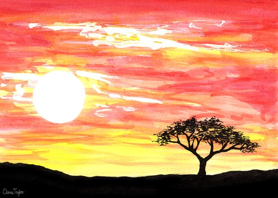 5 X 7 œuvre Dart Coucher De Soleil Africain Aquarelle Originale