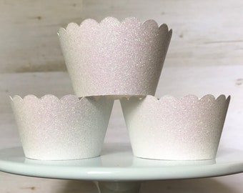White Iridiscente Glitter Cupcake Wrapper / Bodas / Despedidas de soltera / Compromiso / Fiesta de vacaciones / Navidad / Decoración de fiestas / Set de 6