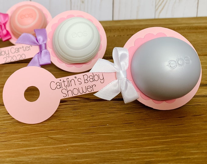 Pink Baby Rattle Baby Shower Favor / EOS Round Lip Balm Holder / Little ...