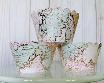 Envoltorio para cupcakes "De señorita a señora" / Decoración para despedida de soltera / Fiesta temática de viajes / Baby shower / Decoración para fiestas / Decoración con mapa