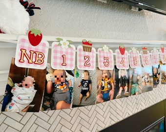 Banner de fotos del primer cumpleaños de fresa / Primer cumpleaños de Berry / Banner de fotos mensual / Clips de fotos Imágenes del primer cumpleaños / Banner de fotos