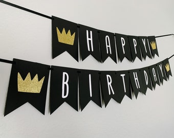 Wild One Happy Birthday Banner / First Birthday Theme / Birthday Banner / First Birthday Boy / Black Gold Crown