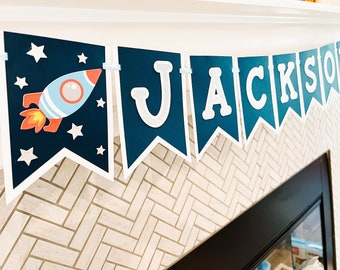 Banner con nombre espacial / Banner espacial personalizado / Primer cumpleaños de niño / Banner de primer cumpleaños espacial / Primer viaje alrededor del sol