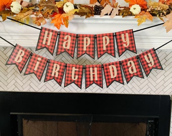 Lumberjack Birthday Banner / Happy Birthday Banner / Buffalo Plaid Banner / Woodland Birthday / Lumberjack First Birthday / First Birthday