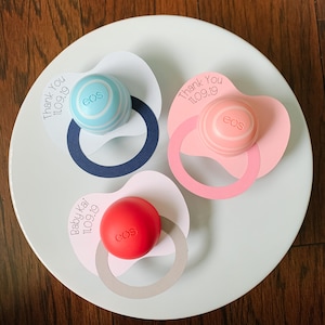 Pacifier Baby Shower Favor / EOS Round Lip Balm Holder / Custom Text / Customized Favor / Pink Blue White