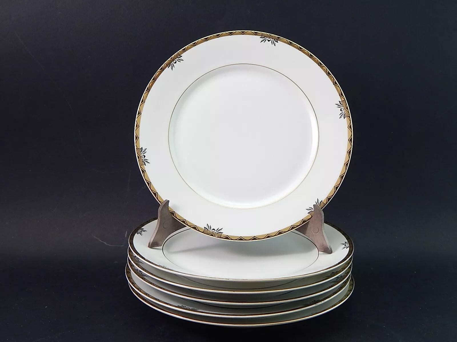 Antique Service of 6 Empire Flat Plates Porcelain Black and Gold Decoration Bavaria Oscar Schaller