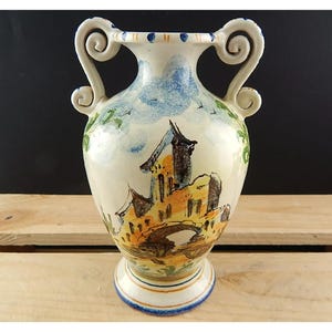 Antique 1920 rare polychrome two-handled vase Albisola Fenice majolica ceramic