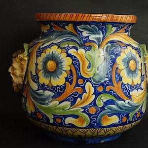 Antique Rare Large Vase Cache Pot Jardiniere Ceramic Caltagirone Early 1900s
