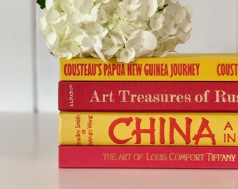 Vintage Rot und Gelb Kunst Themen Couchtisch Bücher Set, handgemachtes Dekor