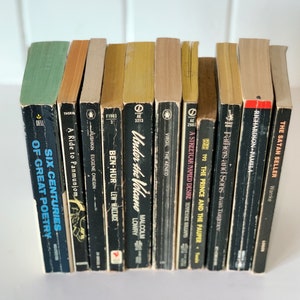 Pu&ograve; includere: Una collezione di 12 libri tascabili con copertine nere e testo bianco. I titoli includono "Six Centuries of Great Poetry", "A Ride to Panmunjom", "Eugene Onegin", "Ben-Hur", "Sotto il vulcano", "L'Eneide", "Un tram che si chiama desiderio", "Il principe e il povero", "Padri e figli", "Pamela", e "Il venditore di Satana".