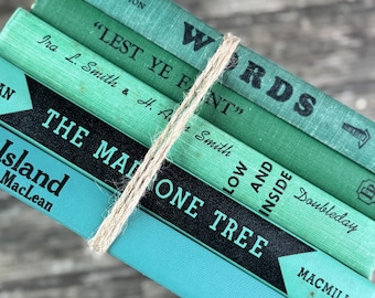 Libros verdes vintage con letras negras divertidas para decorar estanterías.