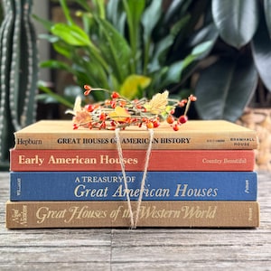 Könnte beinhalten: Ein Stapel von vier gebundenen Büchern über Architektur und amerikanische Geschichte. Die Bücher sind mit Bindfaden zusammengebunden und mit einem kleinen Blumengesteck verziert. Die Buchumschläge sind in Beige, Rot, Blau und Braun gehalten.