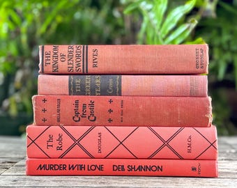 Coral Red and Pink Vintage Book Bundle for Shelf Styling