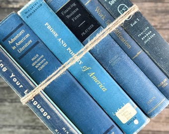 Vintage Oversized Blue Mid-Century Textbook Bundle For Shelf Styling