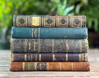 Antique Blue & Green French Leather-Bound Moody Book Bundle