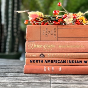 Puede incluir: Una pila de cinco libros antiguos en tonos naranja, con títulos como "The Cream of the Jesters" y "North American Indian Myths". Los libros están apilados sobre una superficie de madera envejecida, con una ramita decorativa de bayas y hojas.
