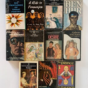Pu&ograve; includere: Una collezione di libri tascabili con vari titoli, tra cui "Sei secoli di grande poesia", "Un viaggio a Panmunjom", "Eugene Onegin", "Ben-Hur", "Sotto il vulcano", "L'Eneide", "Desiderio", "Padri e figli", "Pamela", "Il venditore di Satana" e "Il principe e il povero".
