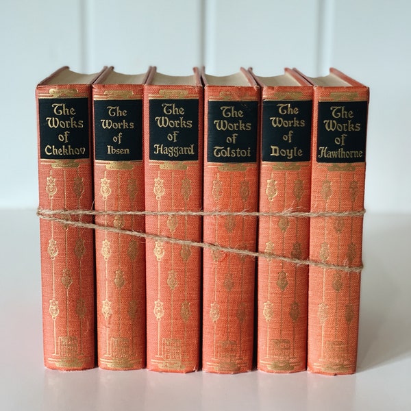 Pink Coral Peach Vintage Books for Decor, Ornate Art Deco Book Set, Classic Literature Set